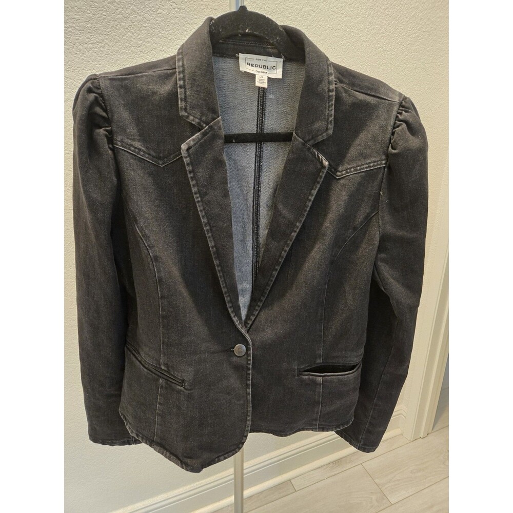 ​For The Republic Denim Blazer Western Jacket Womens L Puff Sleeve Washed Black
